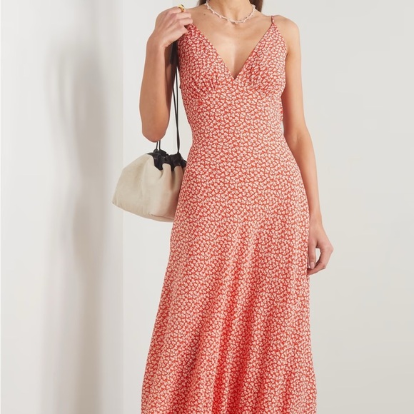 Doen Sonia Crepe Viscose V Neck A Line Midi Slip Dress Orange Hillside Bloom - Picture 1 of 12